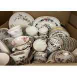 A box of various dinner and tea wares to include Wedgwood Kutani crane,