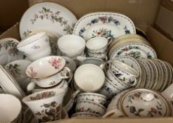 A box of various dinner and tea wares to include Wedgwood Kutani crane,