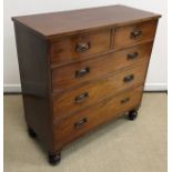 A late Victorian mahogany square fronted chest of two short over three long drawers to turned legs