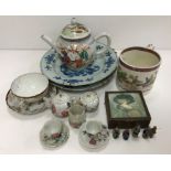 A collection of various china wares to include an 18th Century Chinese polychrome decorated teapot