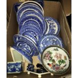 A box containing assorted Willow Pattern dinner wares together with a Ringtons Ltd Tea Merchants