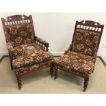 A pair of late Victorian walnut framed salon chairs, one gentleman, one ladies,