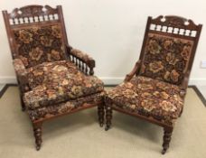 A pair of late Victorian walnut framed salon chairs, one gentleman, one ladies,