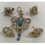 A collection of 9 carat gold jewellery comprising an Art Nouveau style turquoise decorated pendant,