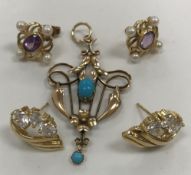 A collection of 9 carat gold jewellery comprising an Art Nouveau style turquoise decorated pendant,