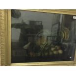 R W SMITH-SAVILLE "Fruit on wooden table with Chinese plate and brass alms dish in background"