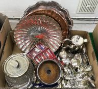 Two boxes of assorted plated and other metal wares to include a hotel plate, four piece tea set,