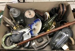 Two boxes of assorted metal ware and miscellaneous to include various pewter wares,