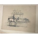 MICHAEL LYNE "Army officer on horseback amongst vehicular traffic", pencil heightened with white,