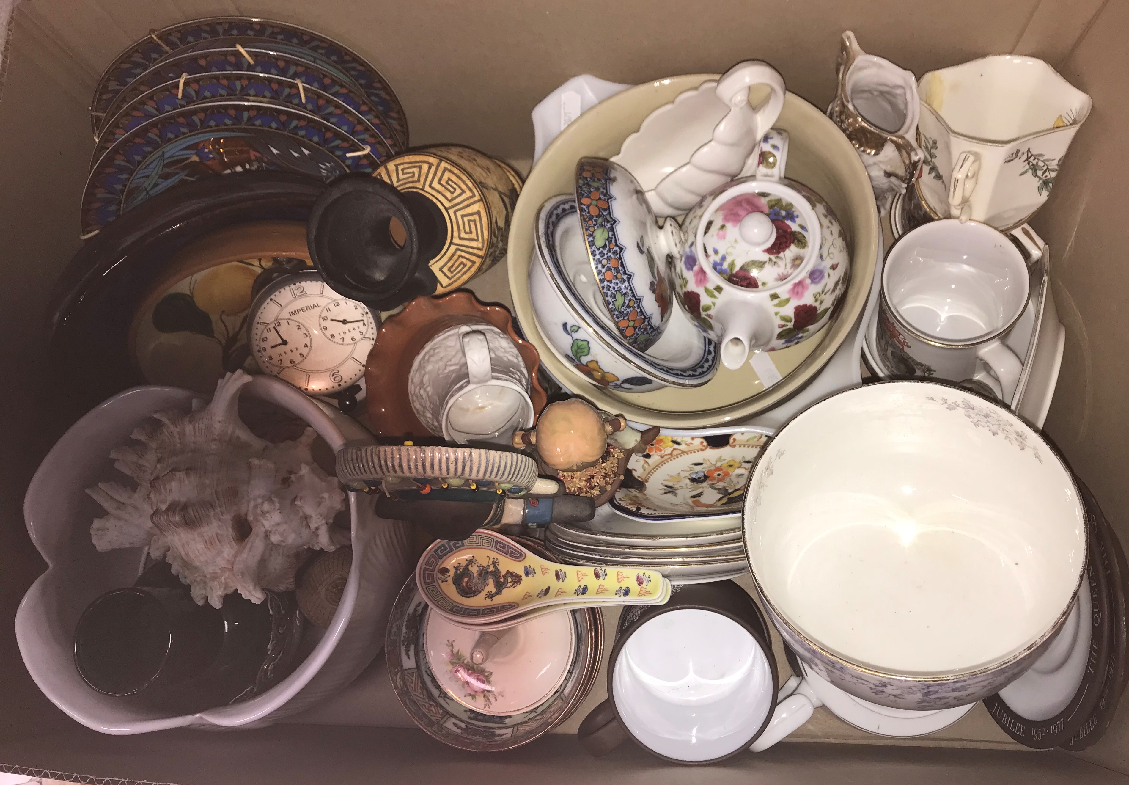 Five boxes of various china wares to include Staffordshire clock group and other Staffordshire