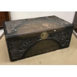 A stained and carved camphor wood trunk 100 cm wide x 41 cm deep x 55 cm high,