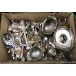 A box of assorted plated wares to include a part canteen of Kings pattern Walker & Hall plated