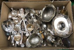 A box of assorted plated wares to include a part canteen of Kings pattern Walker & Hall plated