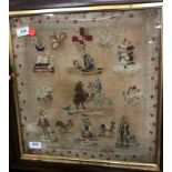 A 19th Century needlework study of various emblems including cross, camel, figures, cockerel, chest,