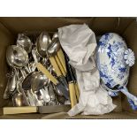 Five boxes of various china, glass and metal ware including Bristol pottery "Lilybell" dinner wares,