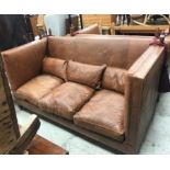 A modern Mulberry Knowle type brown leather three seat sofa 117 cm high x 197 cm wide x 100 cm deep
