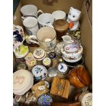 Three boxes of various china wares to include various commemorative mugs,