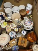 Three boxes of various china wares to include various commemorative mugs,