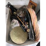A box of sundry items to include copper kettle, brass gong, plated tea pot, quartz ash tray/dish,