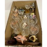 Two boxes of various glassware and china to include pineapple cut sundae dishes,