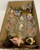 Two boxes of various glassware and china to include pineapple cut sundae dishes,