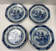 A set of four 19th Century Chinese blue and white octagonal plates,