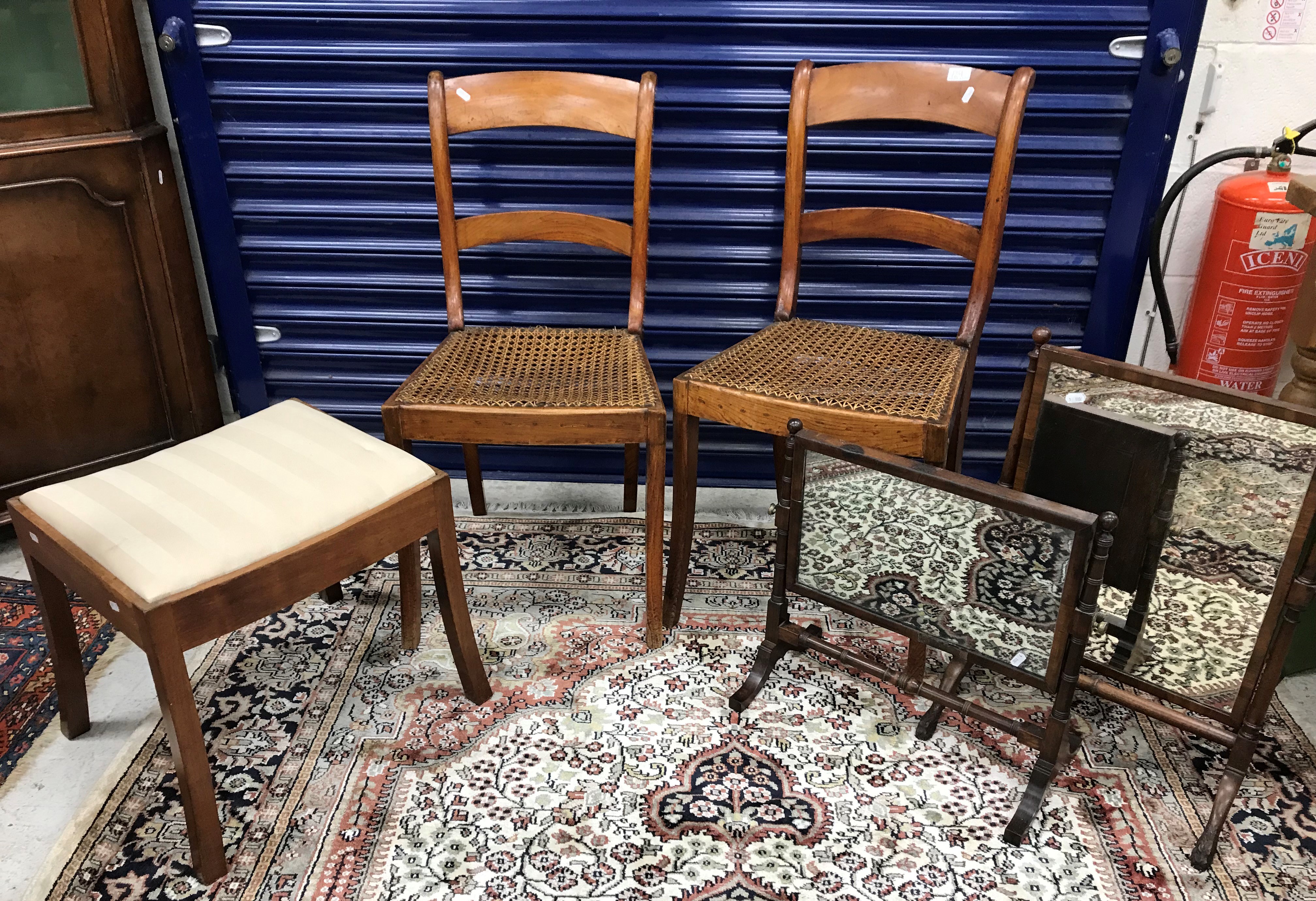 A pair of bar back dinning chairs with caned seats, a stool, two dressing mirrors,