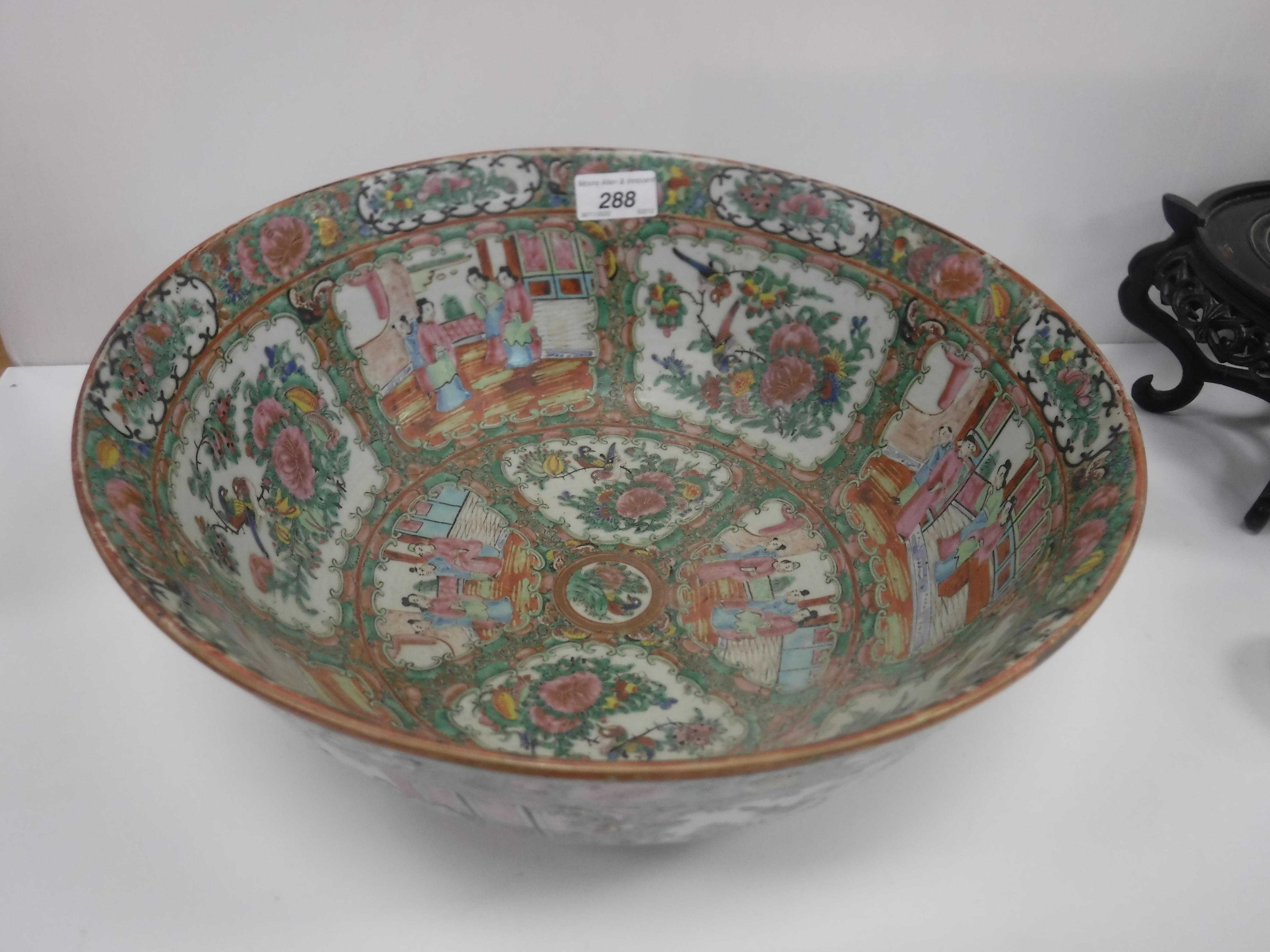 A 19th Century Chinese famille rose fruit bowl with slightly flared rim and carved wooden stand, - Image 5 of 21