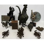 A box containing various metalware including modern figure of a cockerel, bronze figure of a dog,