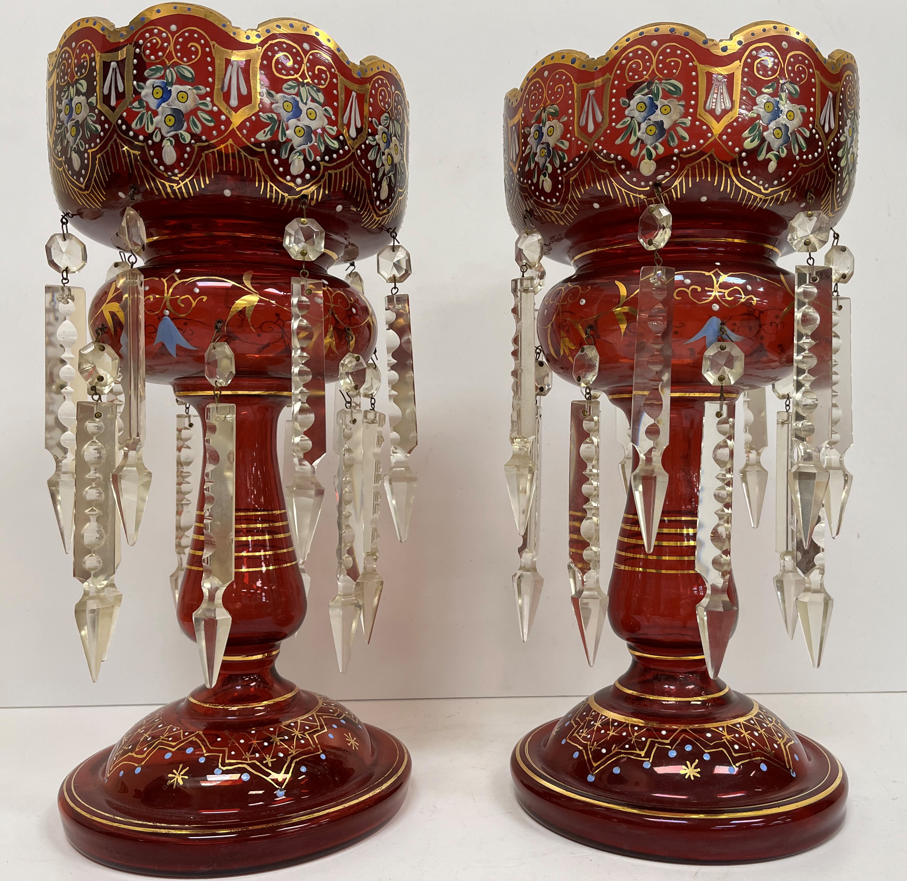 A pair of ruby glass table lustres with painted floral and gilded decoration, - Image 2 of 17