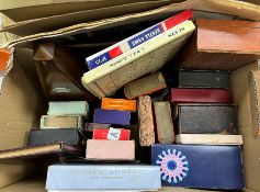 Two boxes containing various vintage toys and games including playing cards,