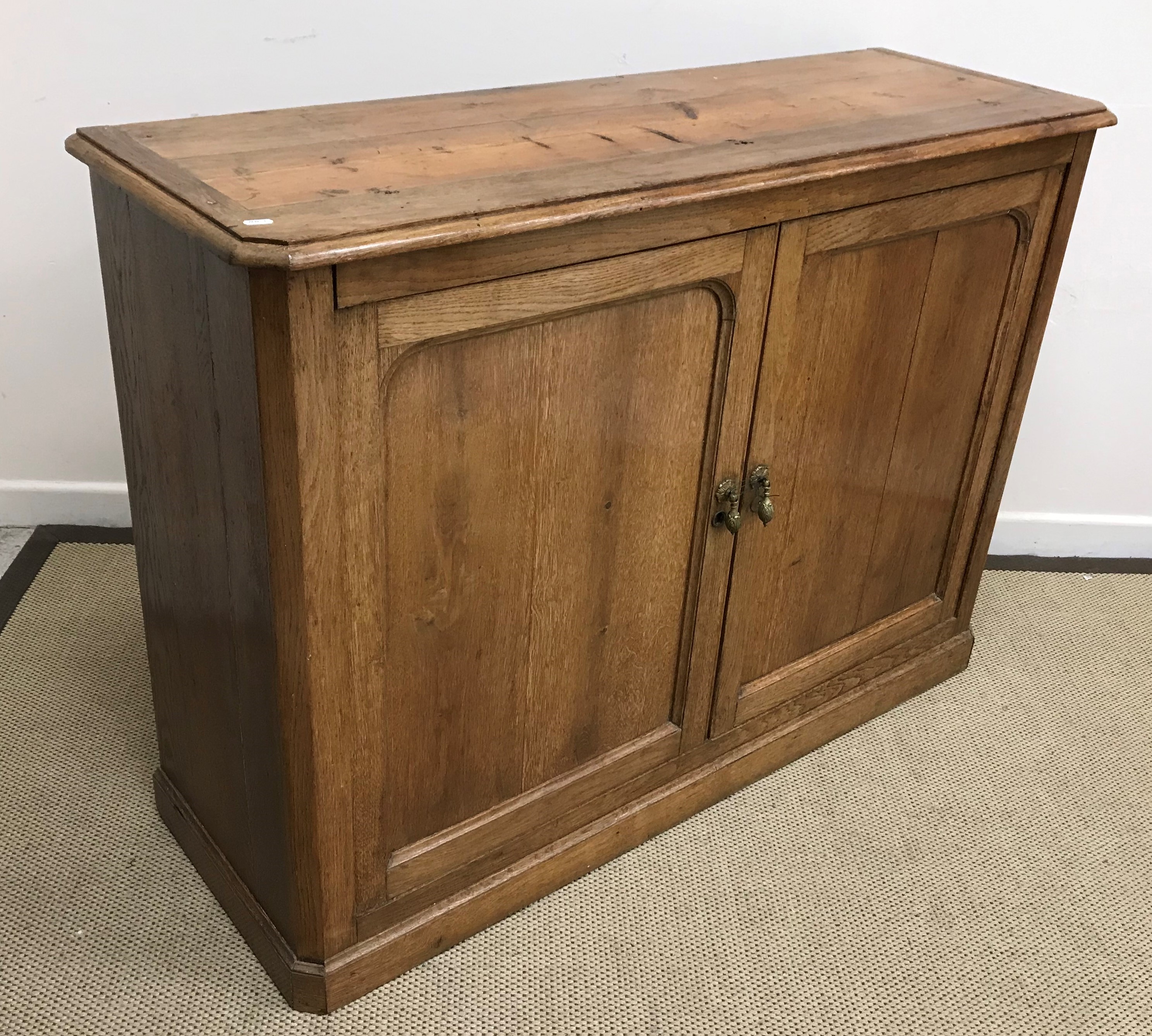 A Victorian oak two door cabinet enclosing three shelves, raised on a plinth base,