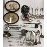 A collection of plated wares to include a set of six coffee bean spoons, plated serving spoons etc,