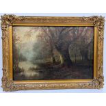 G COLLINS "Wooded river landscape with sheep on river bank" oil on canvas,