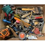 Two boxes of various hand tools, chisels, files, screwdrivers, drills, saws, etc,