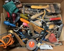 Two boxes of various hand tools, chisels, files, screwdrivers, drills, saws, etc,