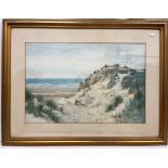 FRANK HEWETT "Sand dune and coastal landscape with figures in distance" watercolour,