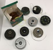 A collection of various fly reels including Airflow Balance 79(x 2), Intrepid Rimfly Regular (x 2),