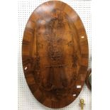 A 19th Century Dutch walnut and inlaid panel of oval form with vase and bird decoration 99cm x 61.