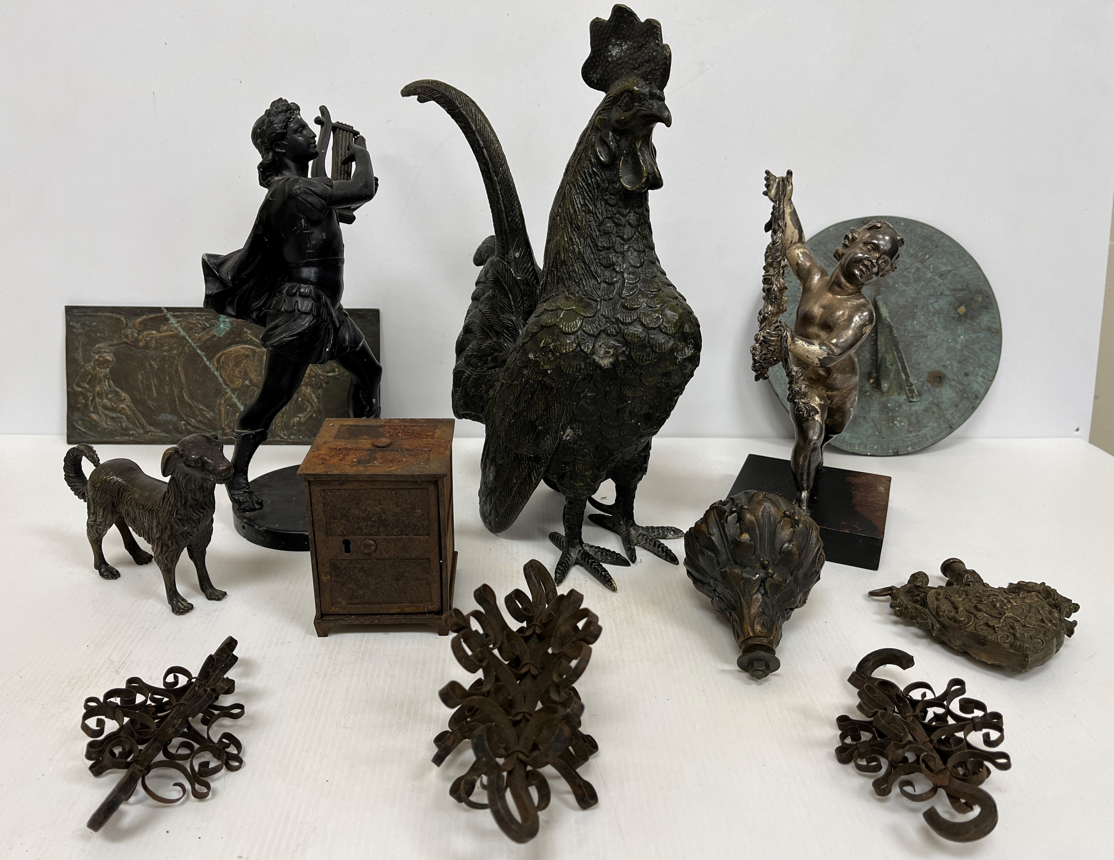 A box containing various metalware including modern figure of a cockerel, bronze figure of a dog, - Image 2 of 8
