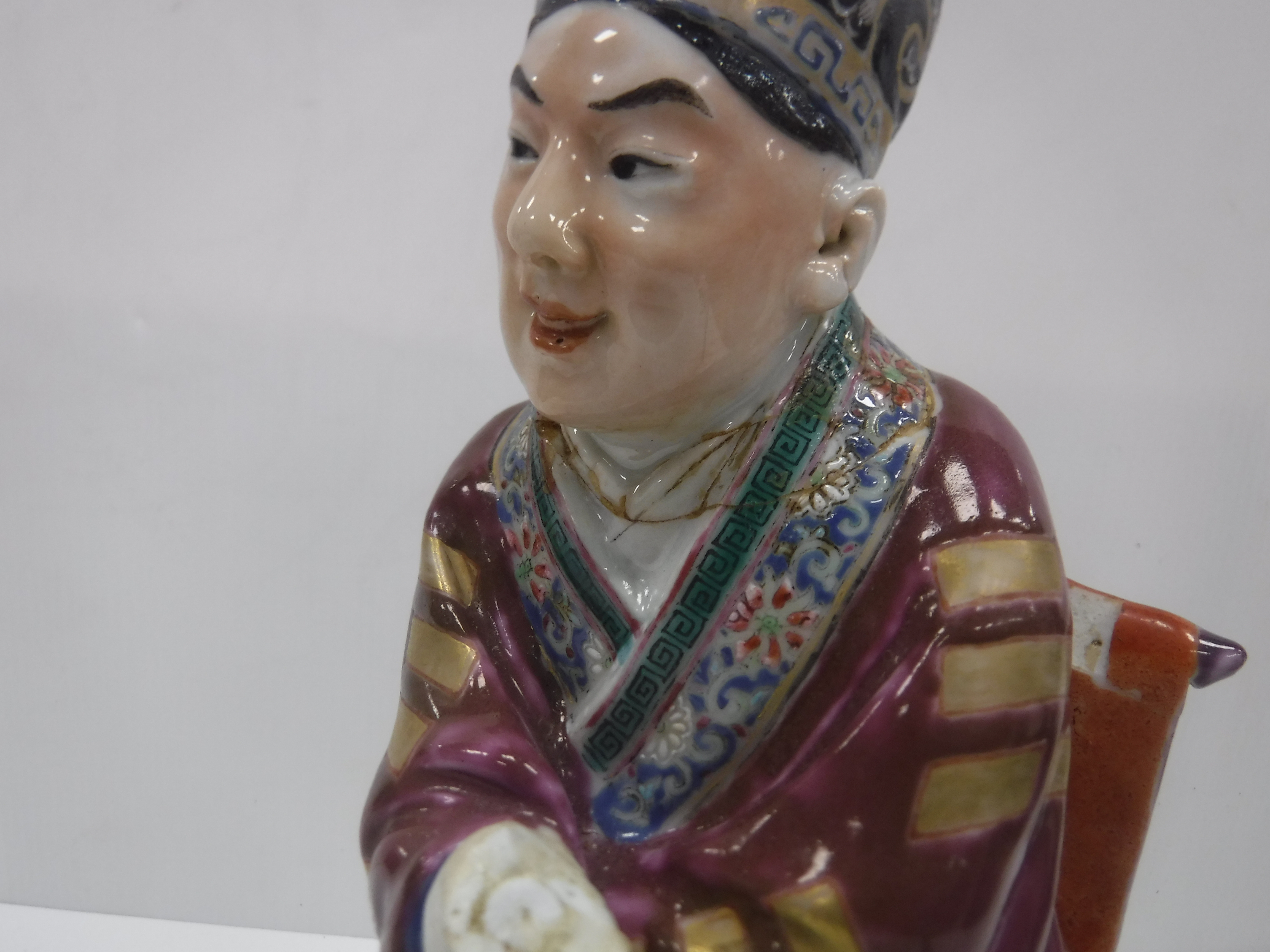 A set of three 19th Century Chinese polychrome decorated figures, one seated, one bearing sword, - Image 4 of 37