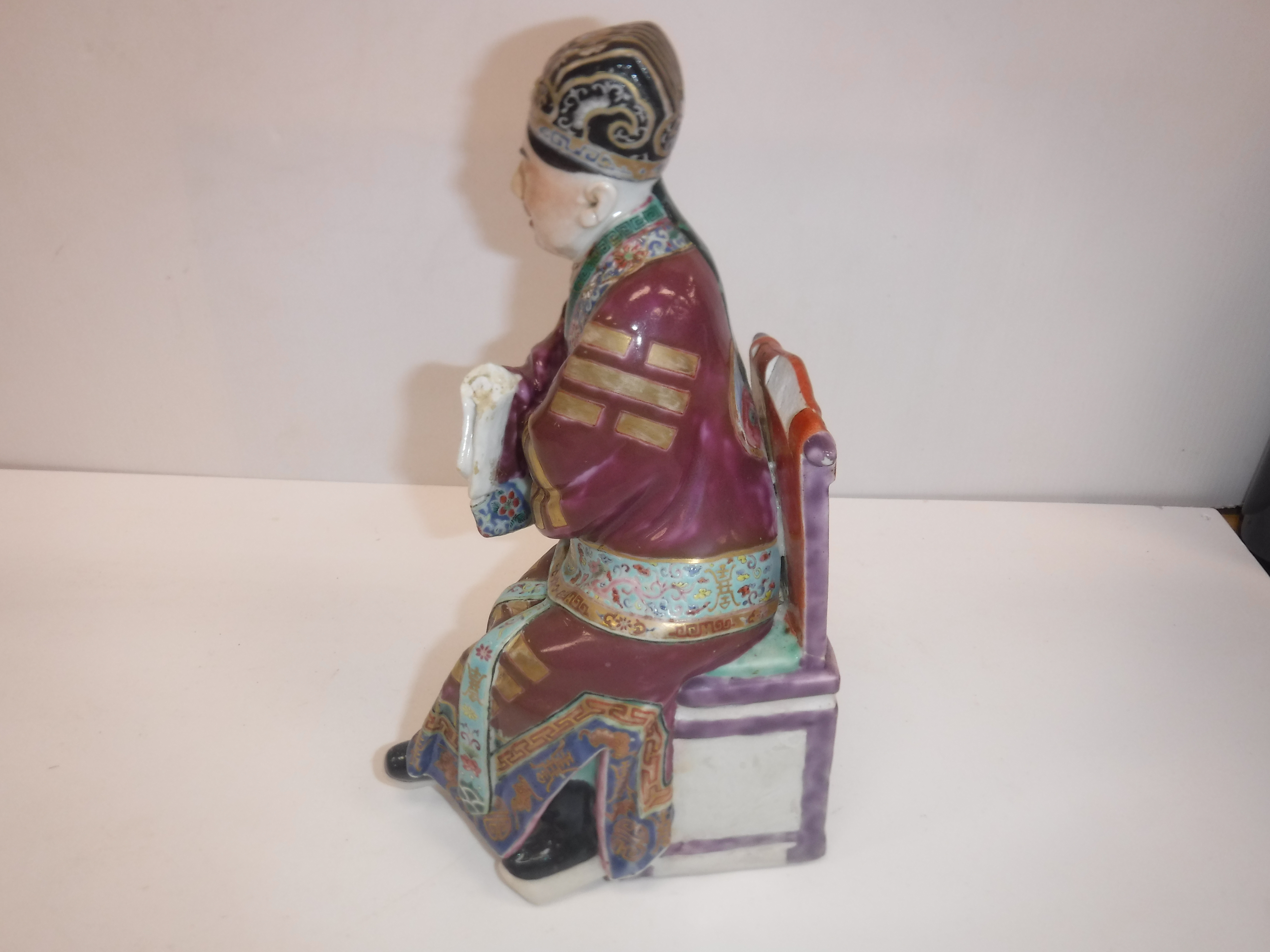 A set of three 19th Century Chinese polychrome decorated figures, one seated, one bearing sword, - Image 6 of 37