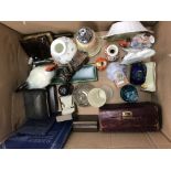 A box containing assorted sundry china and glass to include a Lalique vase,