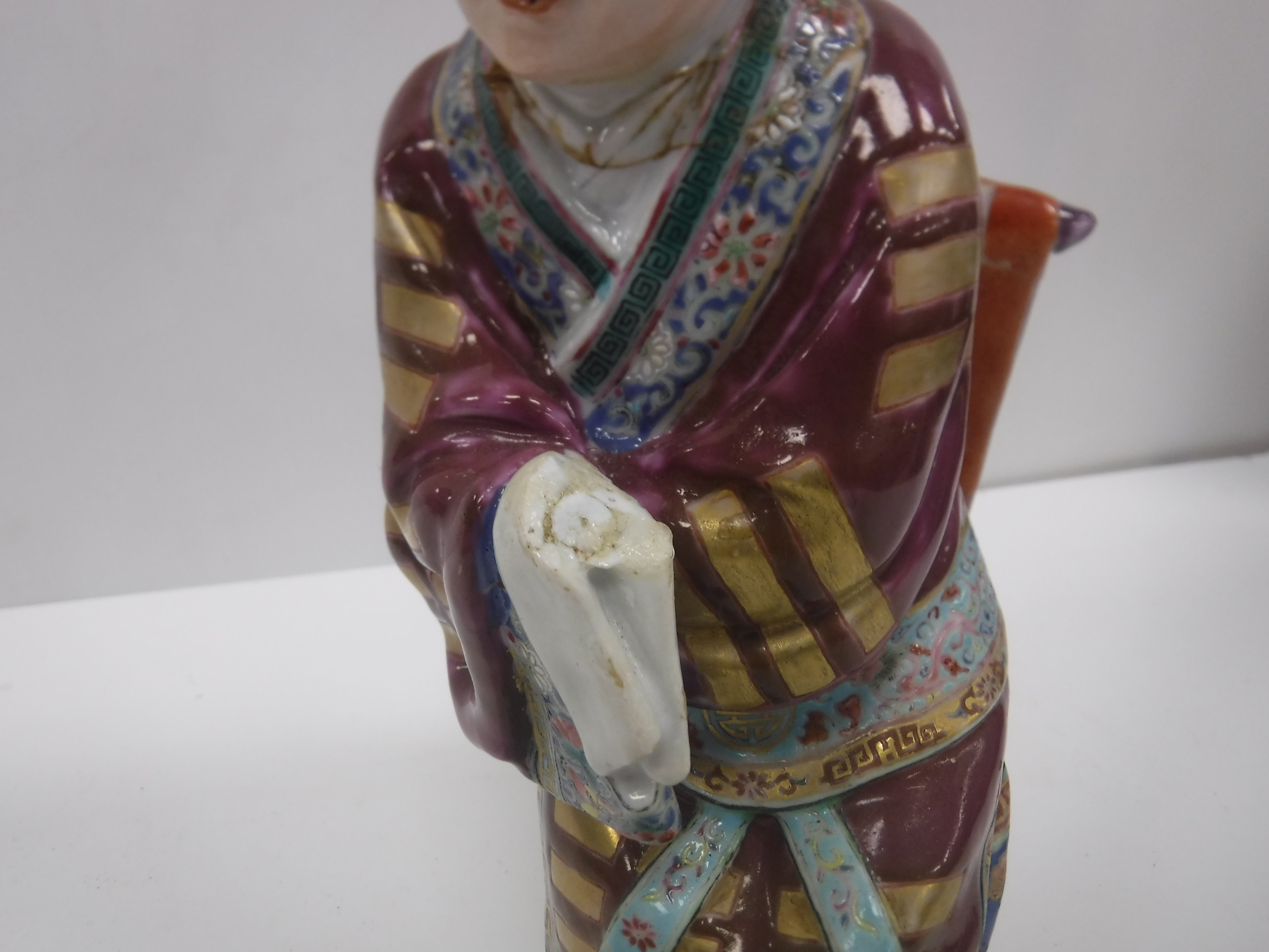A set of three 19th Century Chinese polychrome decorated figures, one seated, one bearing sword, - Image 3 of 37
