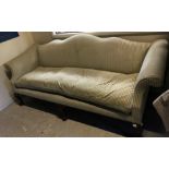 A modern George III style scroll arm sofa with hump back on shell carved cabriole legs to claw and