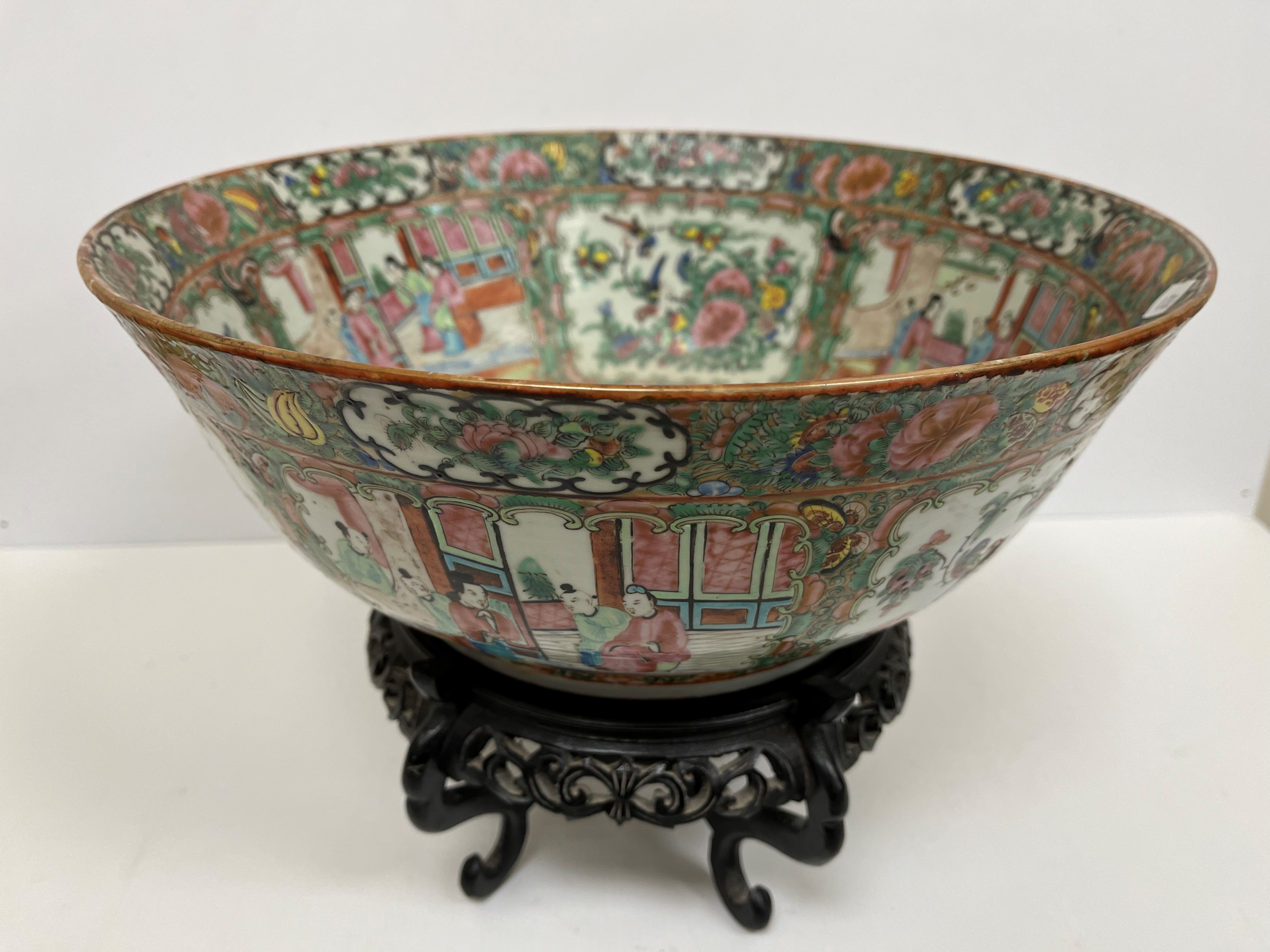 A 19th Century Chinese famille rose fruit bowl with slightly flared rim and carved wooden stand, - Image 2 of 21