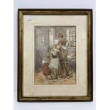 GERTRUDE LEESE (1870-1963) "Family group by doorway", pencil watercolour,