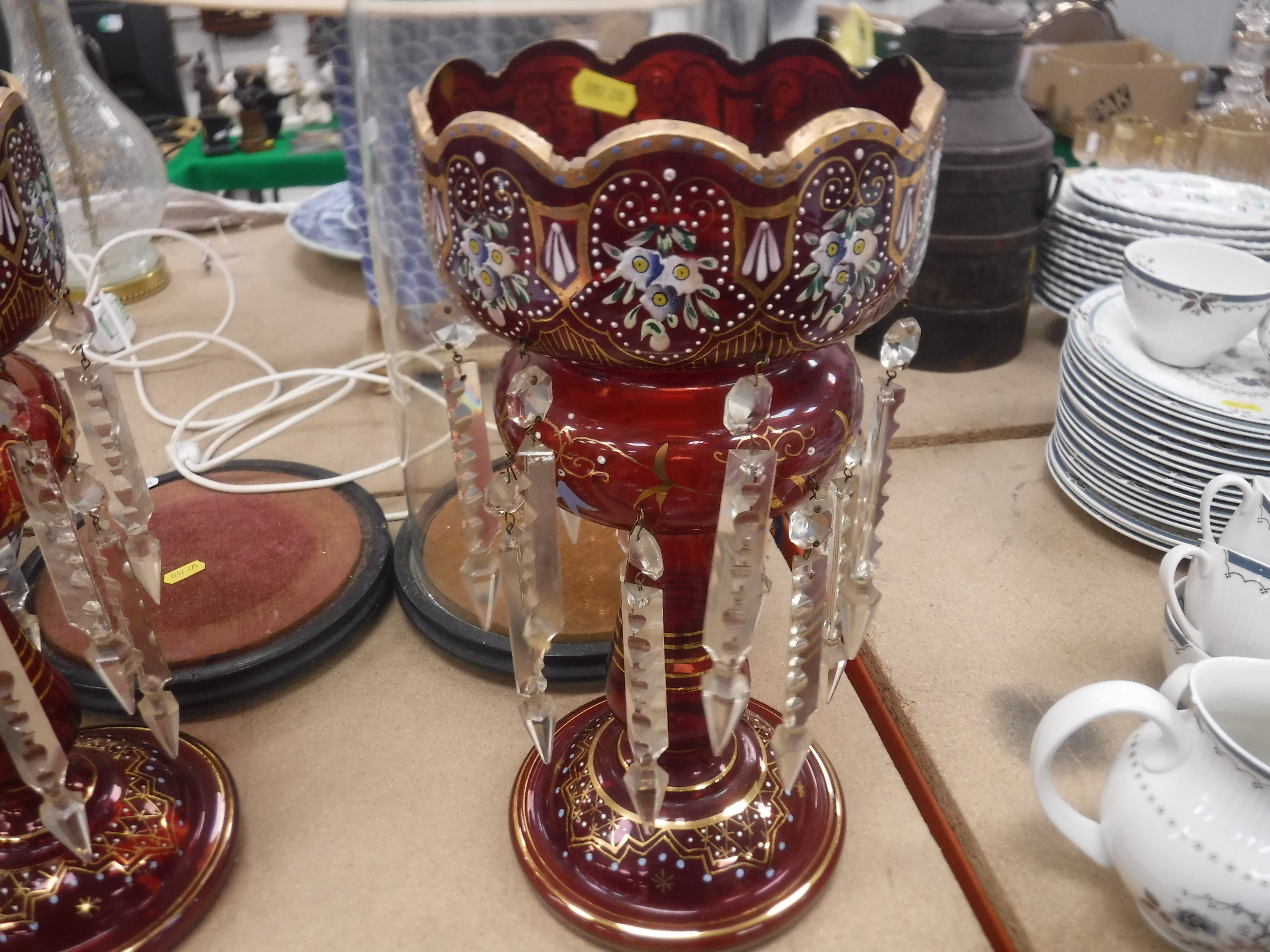 A pair of ruby glass table lustres with painted floral and gilded decoration, - Image 4 of 17