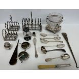 Two boxes of assorted plated wares to include a set of four Rococo style candlesticks,