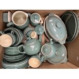 A collection of various Denby twin tone green glazed dinner wares and a box of various china wares